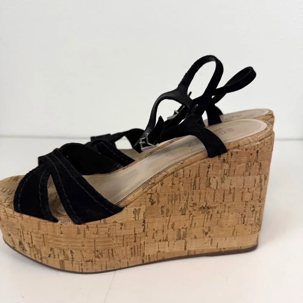 Schutz Black Suede Cork Platform Wedge Sandals Ankle Strap Womens Size 8.5